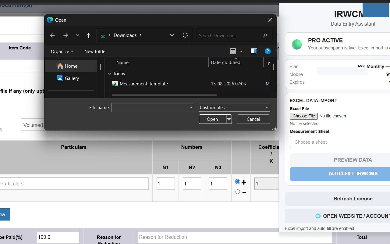 IRWCMS Data Entry Assistant measurement data preview